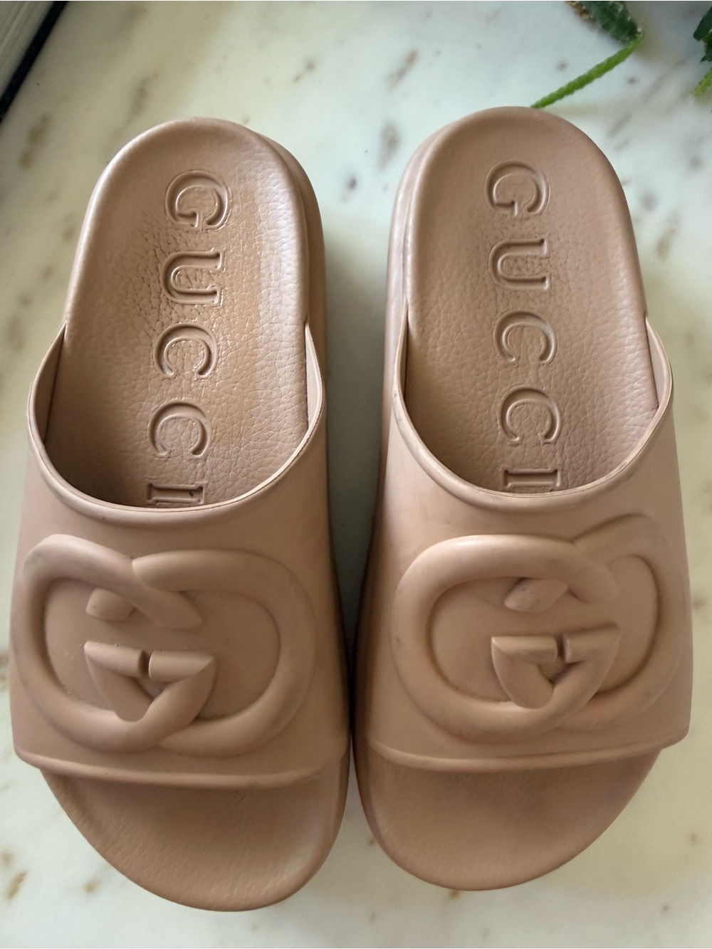 Gucci Blush Rubber Logo Slide Sandals